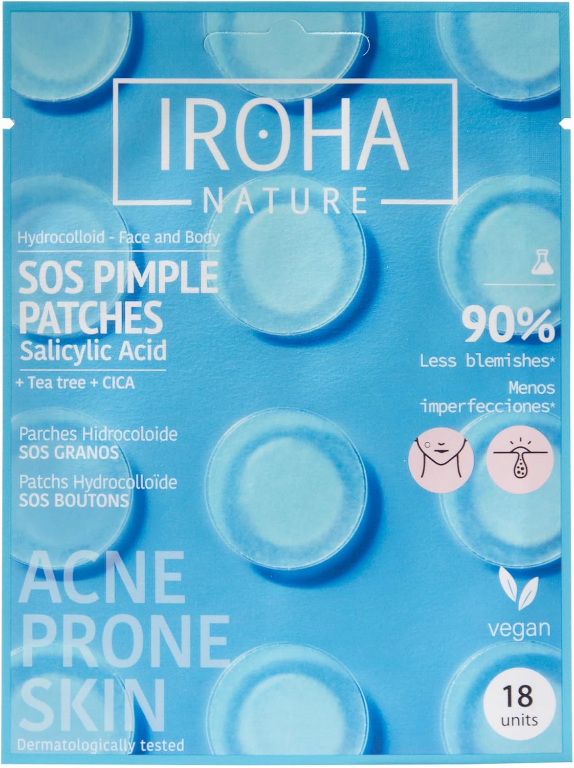 IROHA NATURE - Parches para Granos y Acné | Cosmética Coreana con Ácido Salicílico, Árbol de Té y Centella Asiática | Atenúa Imperfecciones en 8 Horas | 18 Unidades