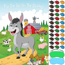 36 Pcs Pin The Tail On The Donkey Party Game with Large Farm Donkey Games Poster Tails for Birthday Farm Party Supplies