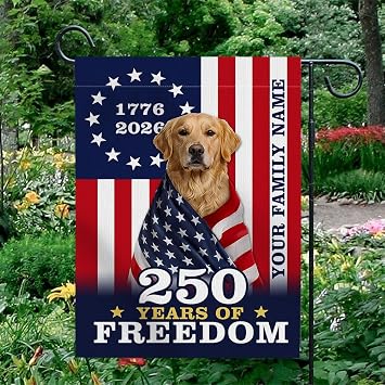 Personalized Family Name USA 250 Years Of Freedom Garden Flag Golden Retriever, Festive Retriever Dog Outdoor Patriotic Banner, 4th of July Yard Front Porch Flag, Independence Day Decor for Dog Lover