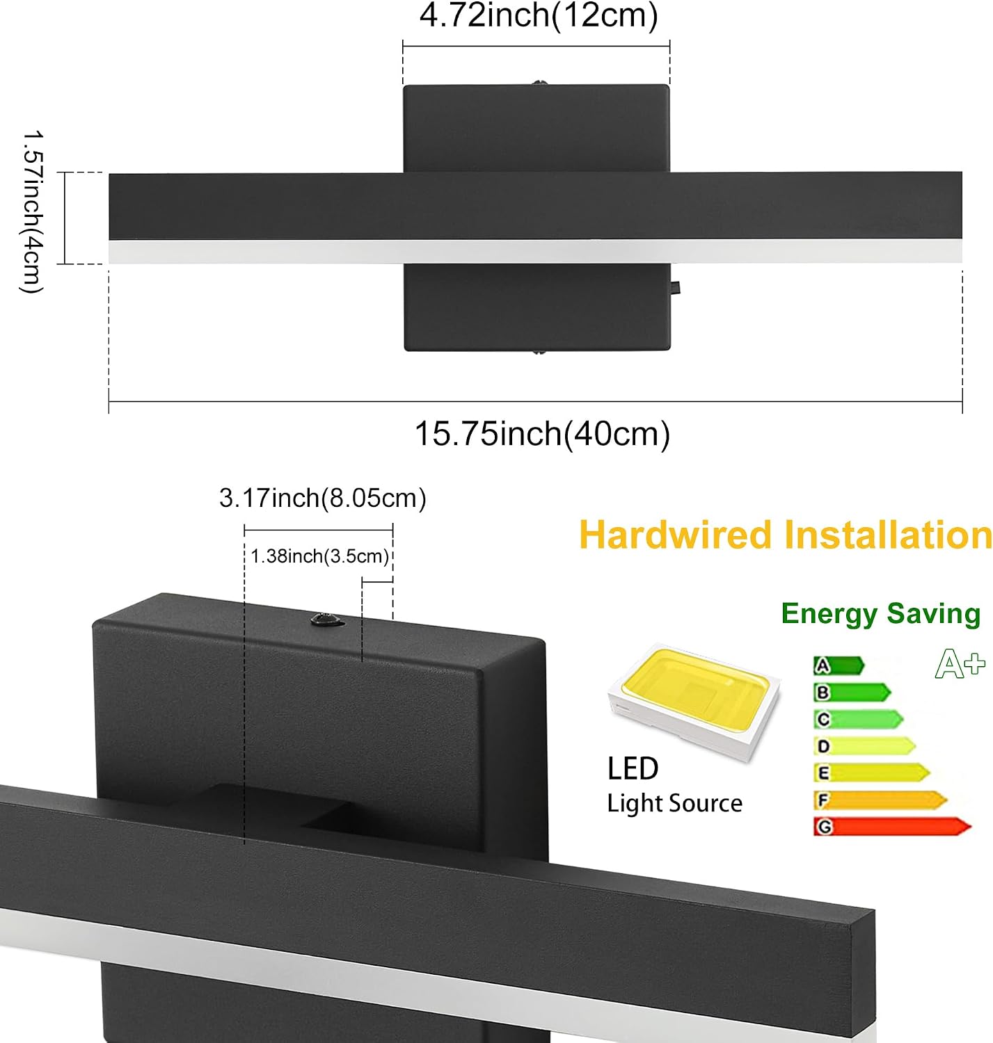 Black Bathroom Vanity Light 15.75 inch, 14W Dimmable 5CCT LED Modern Bathroom Light Fixture Over Mirror - ETL Certificated