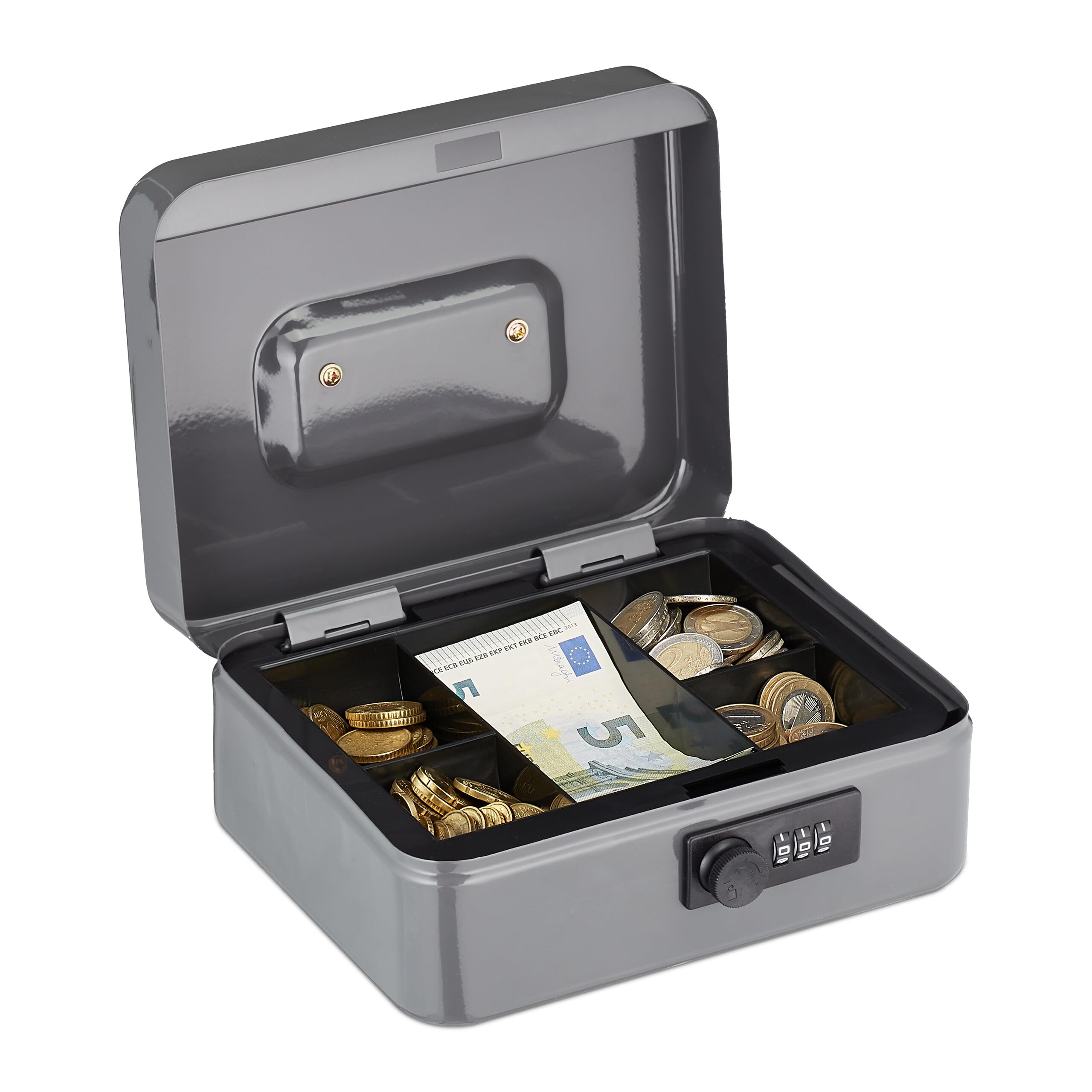 Relaxdays Cash Box, 3-Digit Combination Lock, Coin Insert, Money Tray Iron, Storage Safe, HWD: 8.5 x 20 x 17 cm, Grey