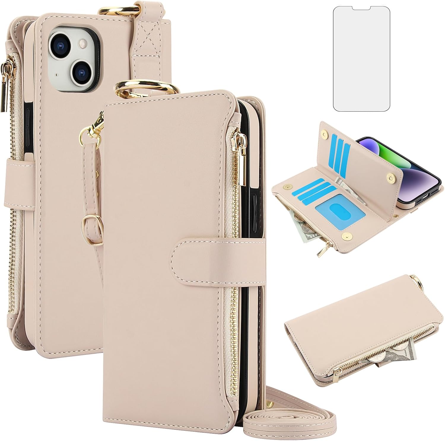 Asuwish Phone Case for iPhone 13 6.1 inch Zipper Wallet with Tempered Glass Screen Protector Crossbody Strap Card Holder Stand Flip Cell Cover iPhone13 5G i i-Phone i13 iPhone13case Women Apricot