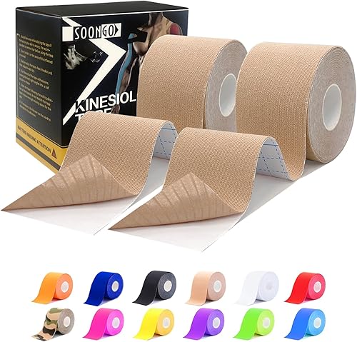 SOONGO - Cinta de kinesiología, 2 rollos para aliviar el dolor muscular, tensión, hombros, muñecas, tobillos, elástica, impermeable, buena