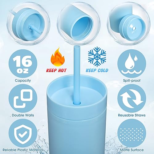 Miniatura 5 de Paquete de 24 vasos delgados de plástico con tapas y pajilla 16 onzas vaso de viaje recto de doble pared vasos reutilizables mate con tapas popotes