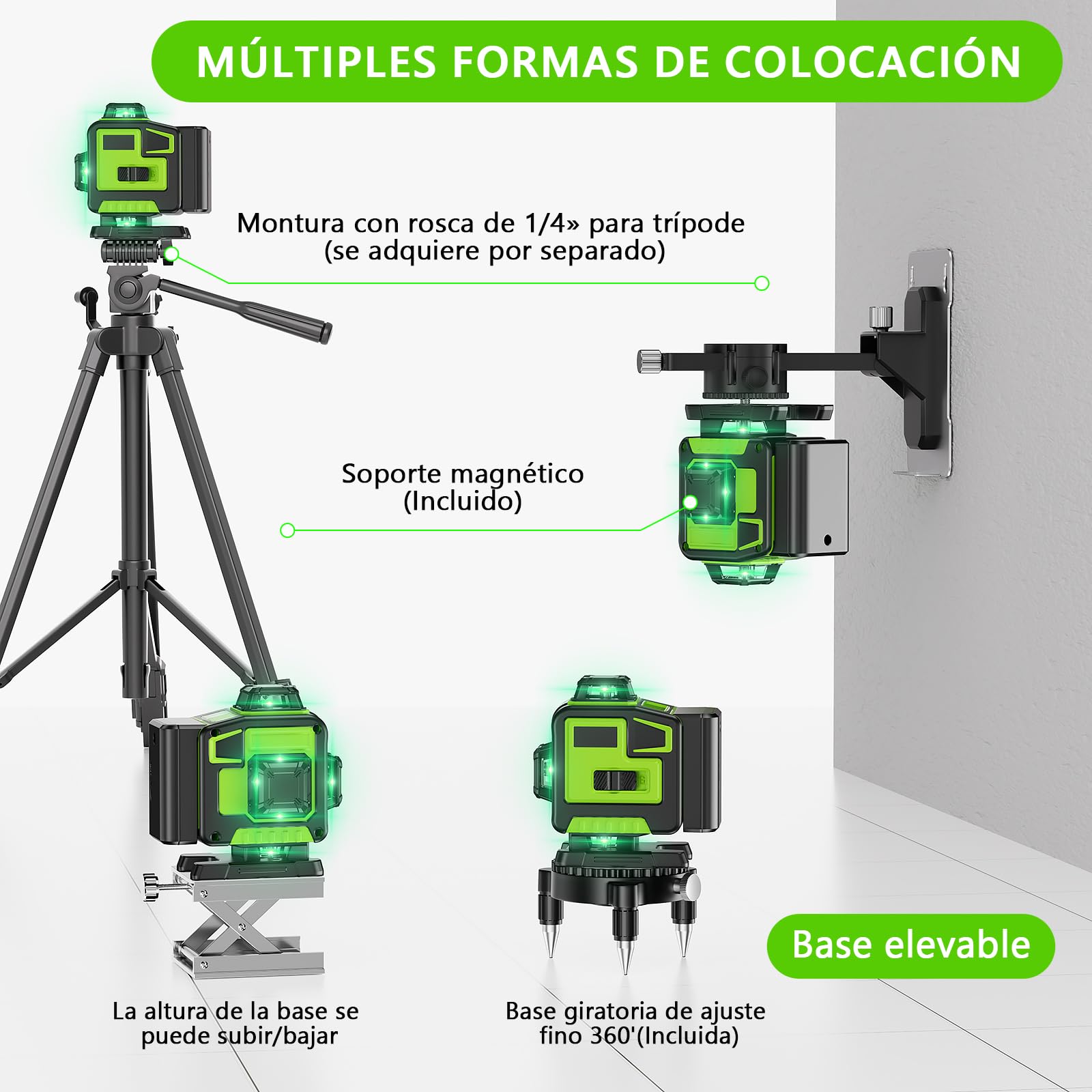 Nivel Laser Autonivelante 360 Grados, Nivel Láser Verde 16 Líneas, 2 x 360 Horizontal y 2 x 360 Verticales, 2 x Batería, Montaje en Pared, Control Remoto, Base Magnética, Soporte Giratorio, Trípode