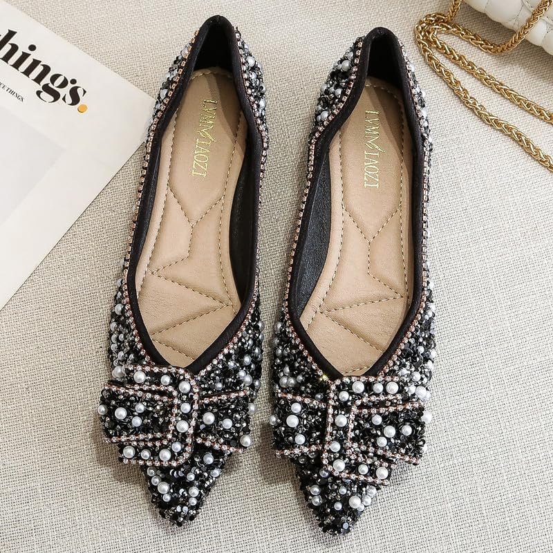 Women‘s Rhinestone Flats Sparkle Pointed Dress Shoes Memory Foam Wedding Work Comfortable Ballet Flats for Prom Evening Business - Image 3