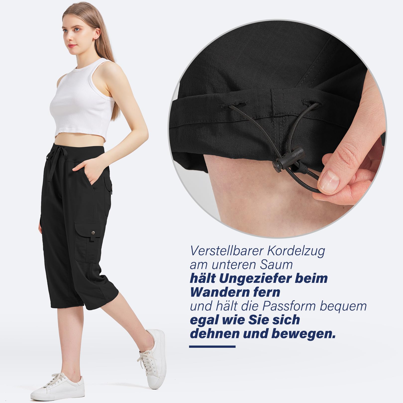 Pantaloni da donna estivi a 3/4 da donna, pantaloni estivi, pantaloni da jogging all'aperto, pantaloni sportivi per viaggi e escursioni, con 6 tasche