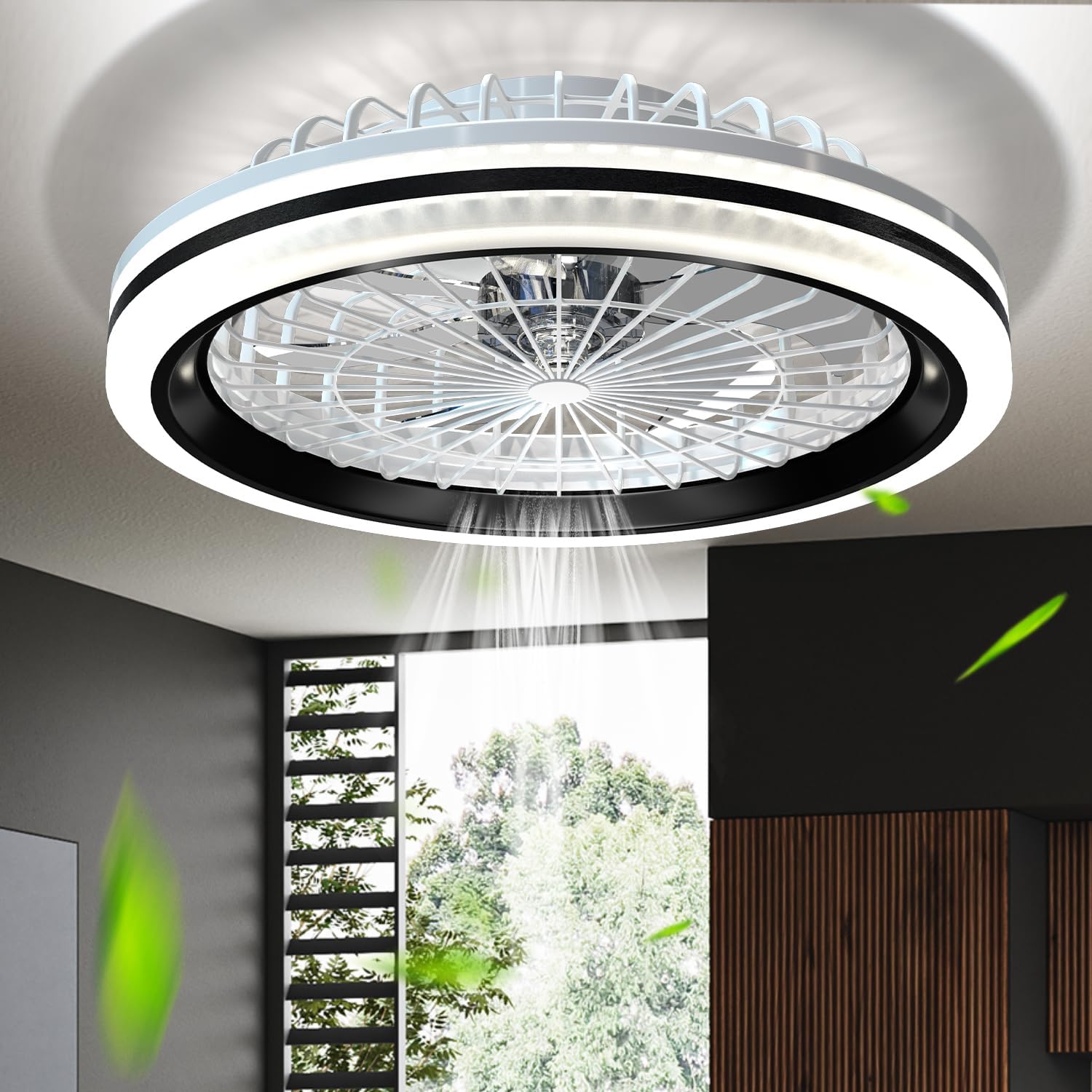 KDZ Low Profile Ceiling Fans with Lights and Remote, 20'' Fandelier Ceiling Fans with Remote App, Flush Mount Wooden Ceiling Light with 6 Speeds for Bedroom Living Room (Black&White)