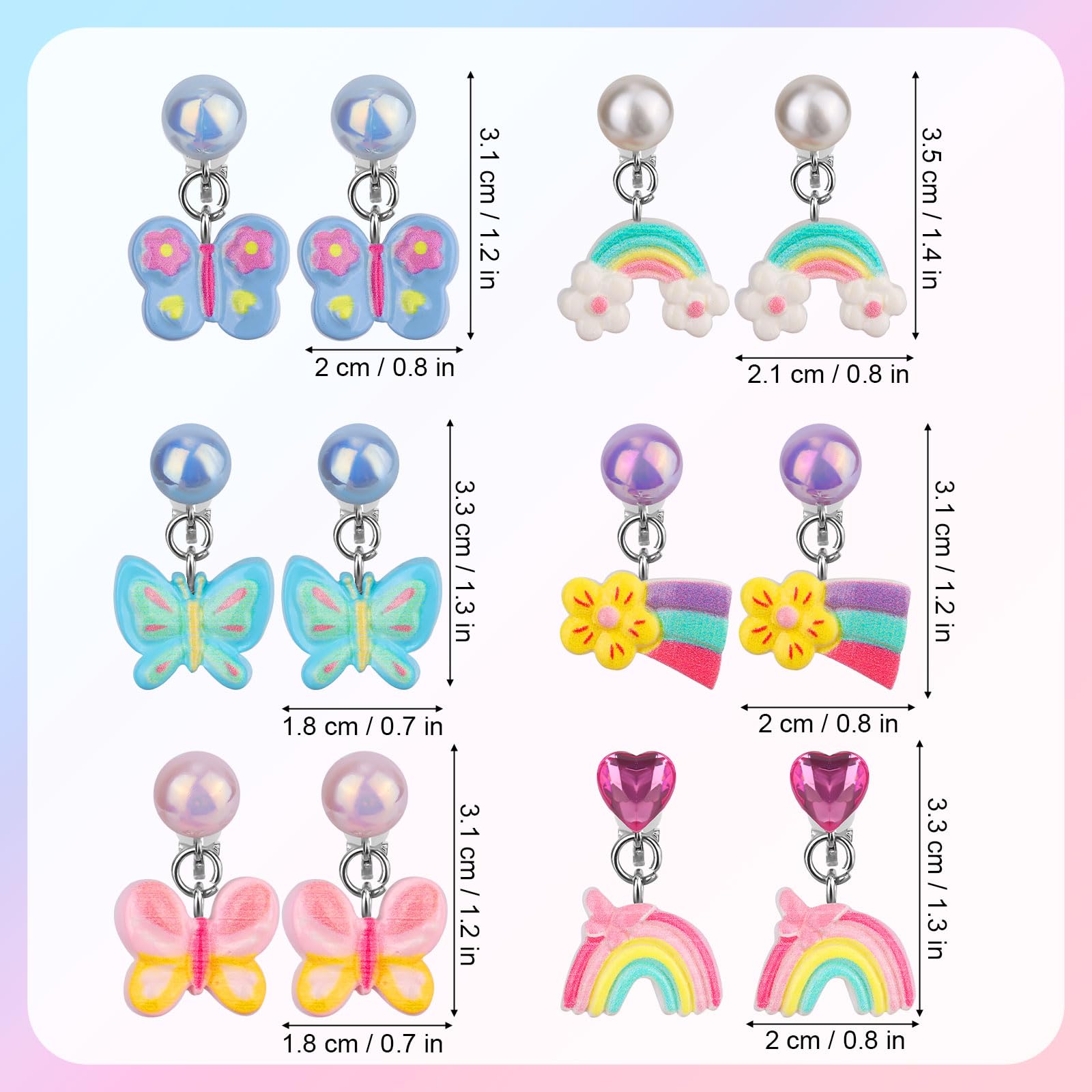 Mikovivi 6 Pairs Colorful Clip on Drop Earrings Set, Resin No Pierced Design Kids Child Dangle Earrings Cute Butterfly Ear Clips for Children Toddler Party Daily Wearing Princess Jewelry