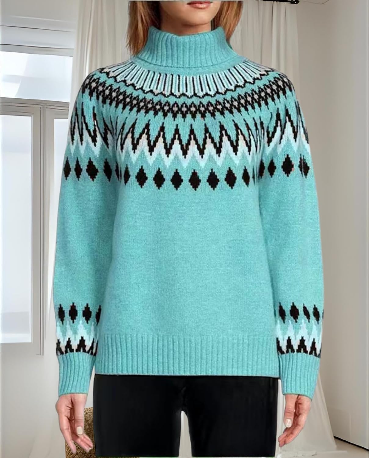 Women's Geometric Print Turtleneck Sweater Winter Warm Long Sleeve Casual Top for Vacation and Daily Wear - Image 3