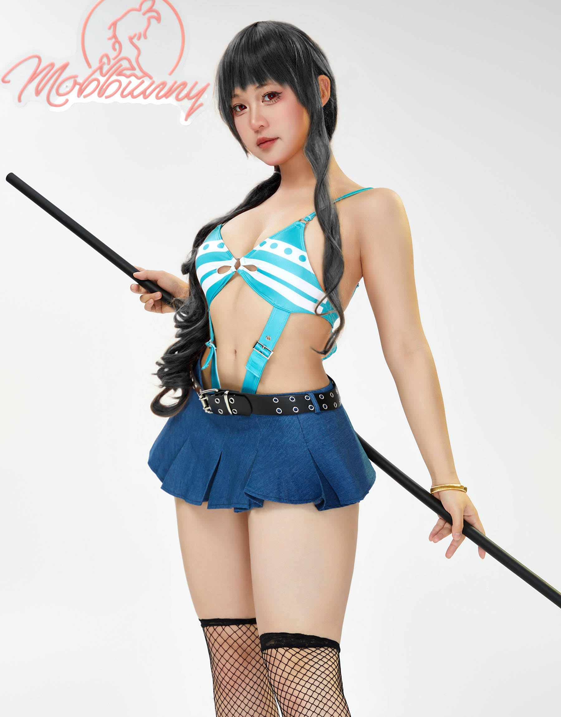 Mobbunny Women Anime Cosplay Bikini Style Lingerie High Cut Out Bodysuit and Mini Skirt Set with Belt Stockings: 1XL2XL Blue