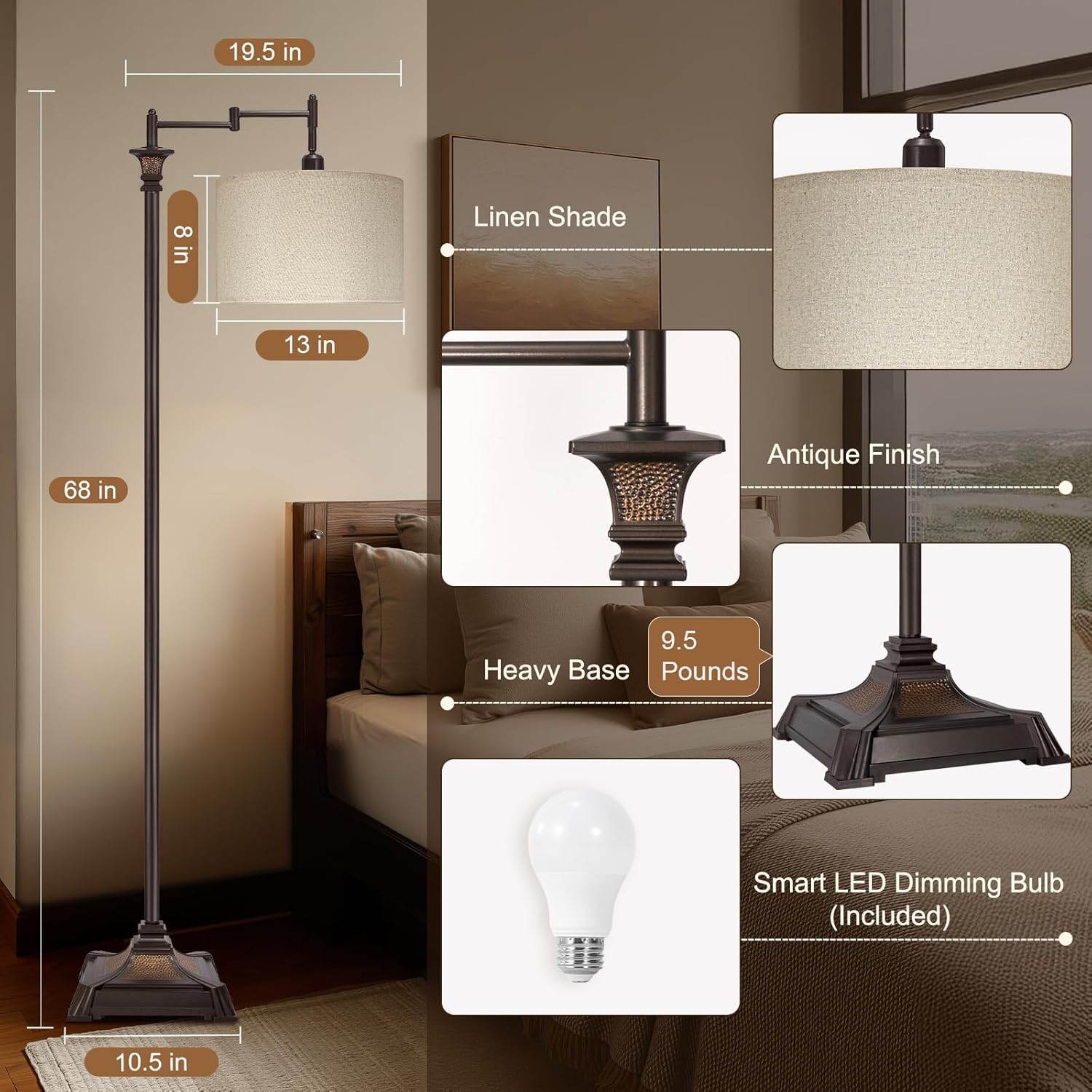 Scenekoy Vintage 68″ Tall Smart LED Floor Lamp for Living Room Bedroom, Remote Control Traditional 350º Adjustable Swing Arm Standing Lamp with Linen Shade, Decor for Reading House Home Office