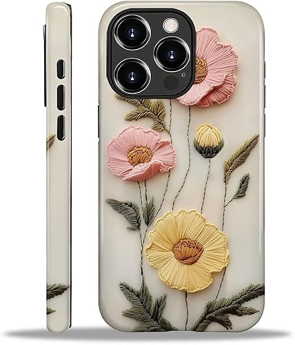 Miniatura 222 de Funda para iPhone 15 Pro Max, Diseño Floral Bohemio con Bordado Sintético - Protección Dual Híbrida Silicona + PC Duro Resistente a Golpes Funda
