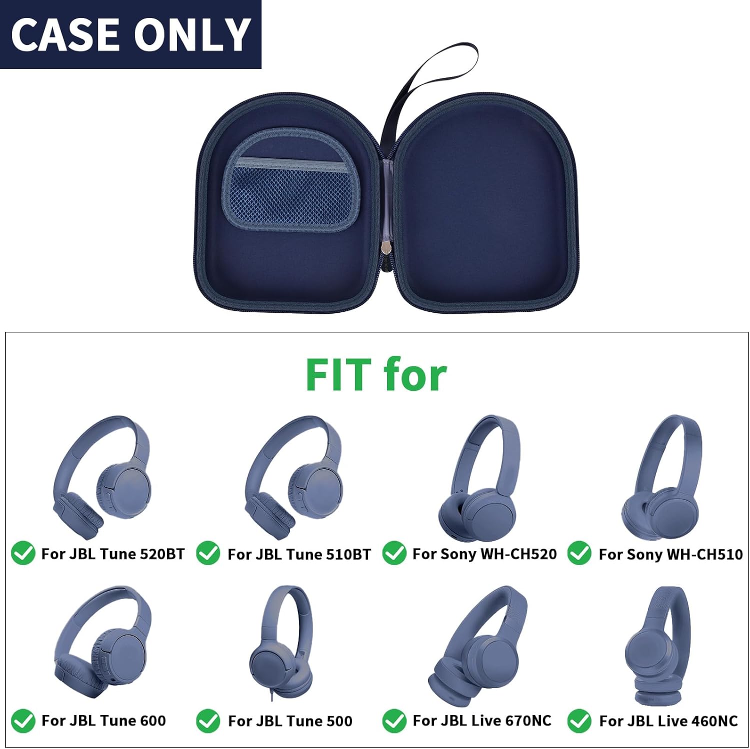 Headphone Case Compatible with JBL Tune 510BT/ 520BT/ for Sony WH-CH520/510/ for JBL Live 460NC/670NC Wireless On-Ear Headphones, Bluetooth Head Phones Storage Bag for Charging Cable -Dark Blue - Image 2