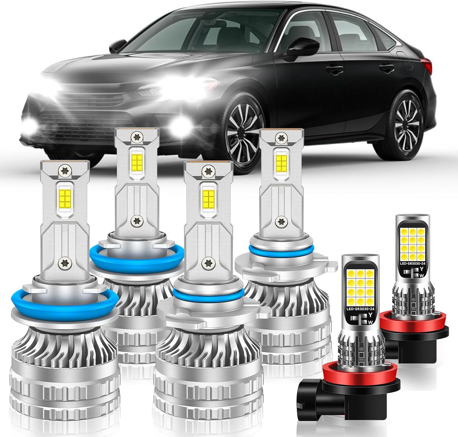 Fog Bulbs Fit for Honda 2004-2015 Civic Sedan Hi&Lo Beam Fog Light Bulb Combo, 800% Brightness, Dual-sided 3570 Chips, 6000K White, 60000HRS Long Lifespan, Plug-and-Play, Pack of 6