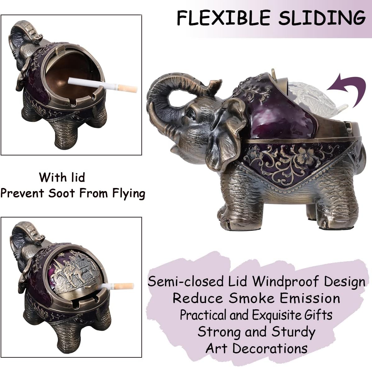 Elephant Ashtray with Lid - Windproof Metal Ashtray for Outdoor & Indoor Use, Practical Vintage Decoration - Purple image 3