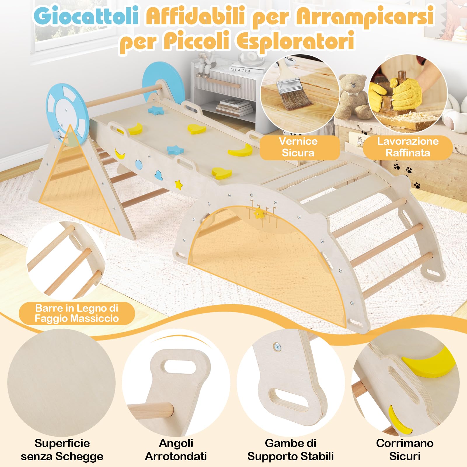 RELAX4LIFE Juego de Triángulo para Niños, Juguetes de Escalada Plegables 8 en 1, Parque Infantil Montessori de Madera con Arco, Rampa y Escalera, Gimnasio de Interior para Niños (Natural)