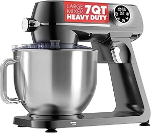 Gourmia Digital Stand Mixer - 7 QT Tilt-Head Kitchen Mixer with LED Timer, 10 Speeds, Stainless Steel Bowl, Attachments Included, 800W, Silver