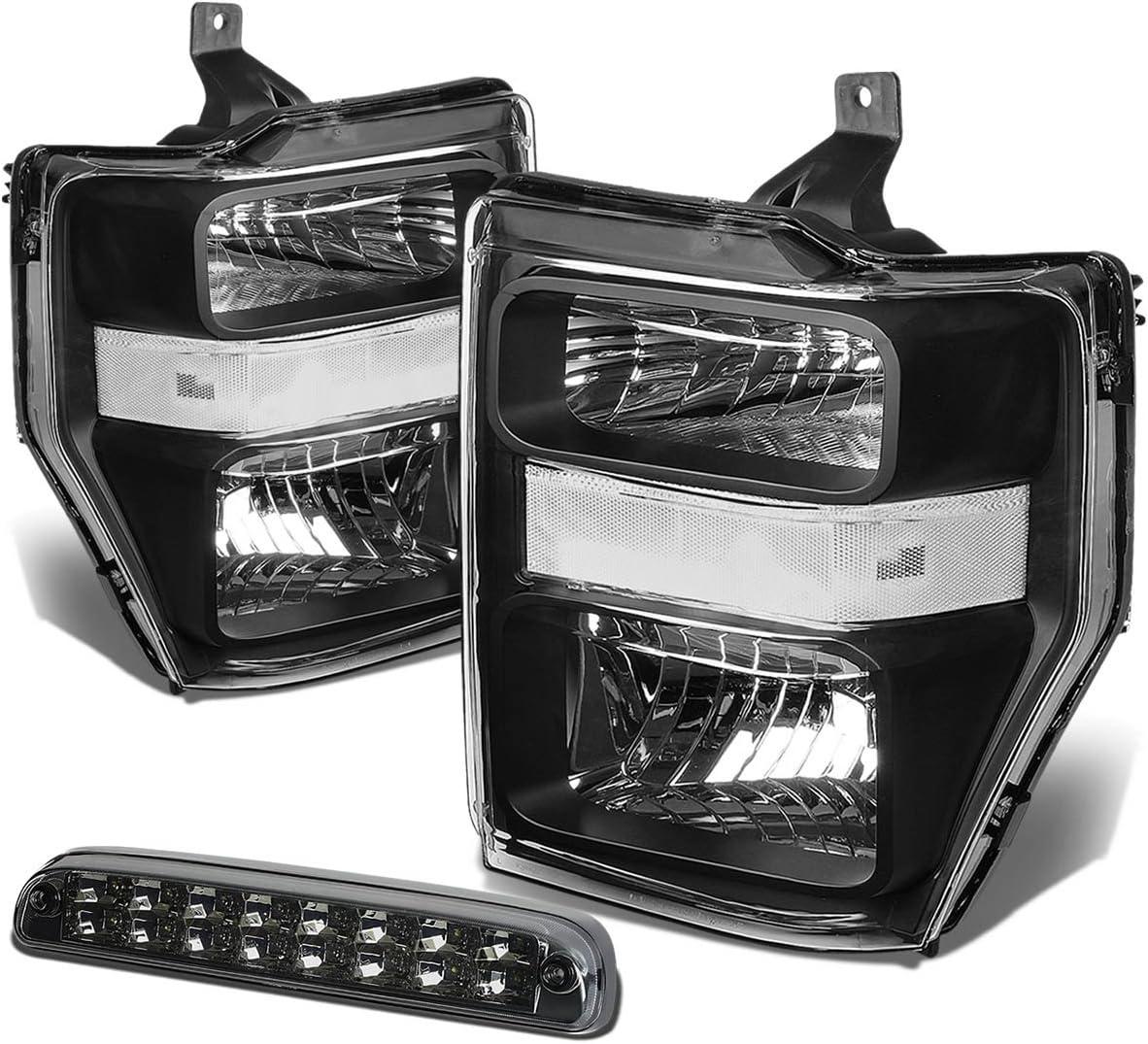 Auto Dynasty Compatible with Ford Super Duty 2nd Gen Pair of Black Housing Clear Corner Headlight+Smoke Lens LED 3rd Brake Light