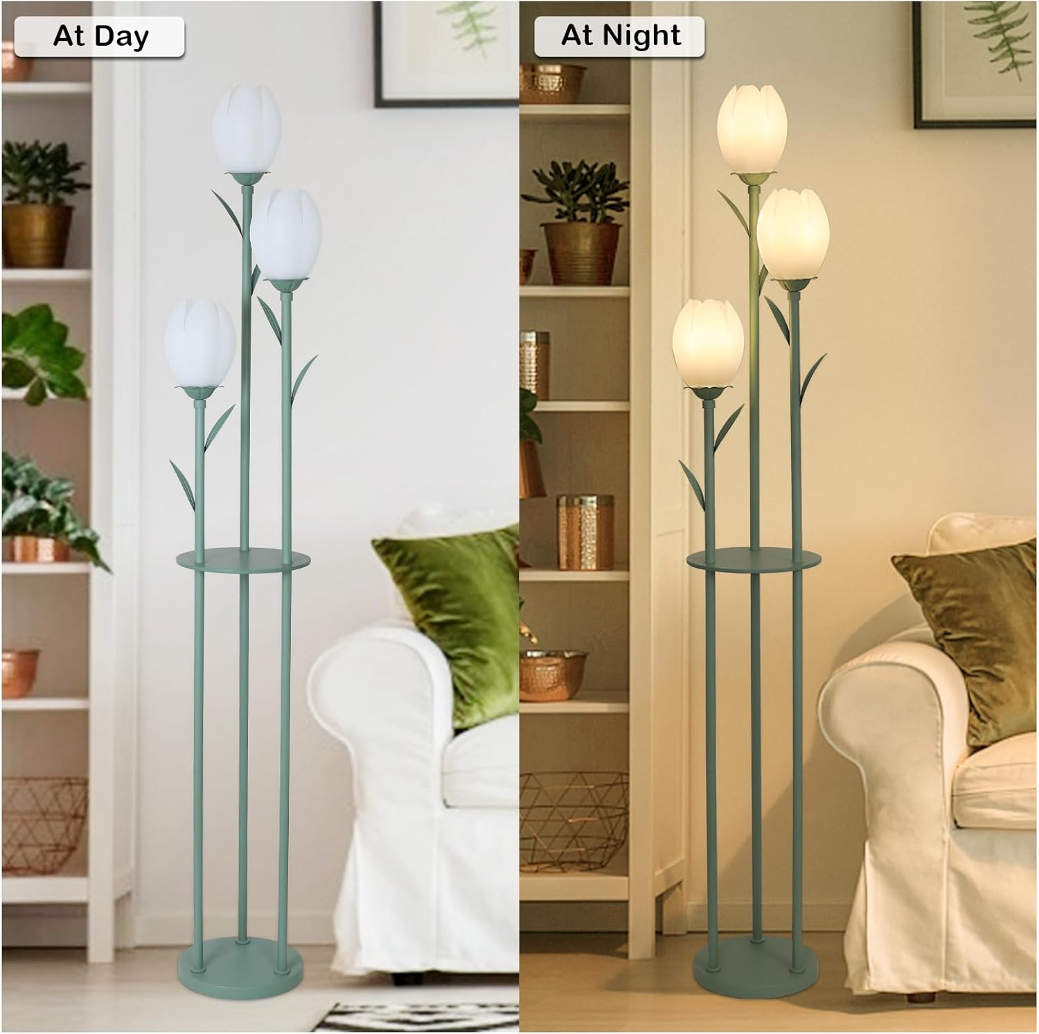 3-Light Flower Floor Lamps for Living Room, Green Floor Lamp with Shelves, Unique Tulip Standing Lamp with 3 LED Blubs, Cute Floral Tall Lamp, Modern Stand Up Light Decor for Bedroom, Kids Room