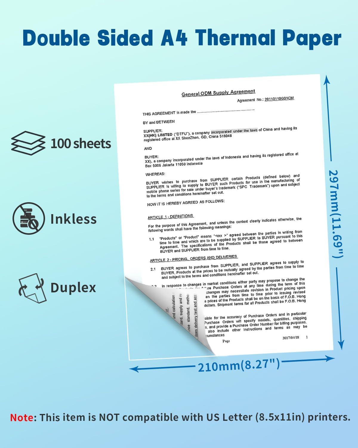 Double-Sided Thermal Paper A4, Duplex Printing, Multipurpose Office Paper 100 Sheets, White Thermal Printer Paper Compatible with Phomemo M832 M08F A4 3