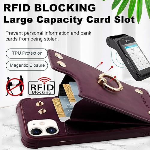 Miniatura 3 de Funda tipo cartera para iPhone 11 con tarjetero de crédito, funda protectora de cuero a prueba de golpes compatible con anillo de rotación de 360 y