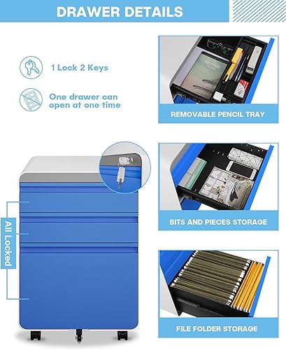 Miniatura 4 de Dripex Gabinete de 3 cajones, archivadores de metal con ruedas con cerradura y riel colgante para archivo A4LegalCarta, diseño antivuelco bajo