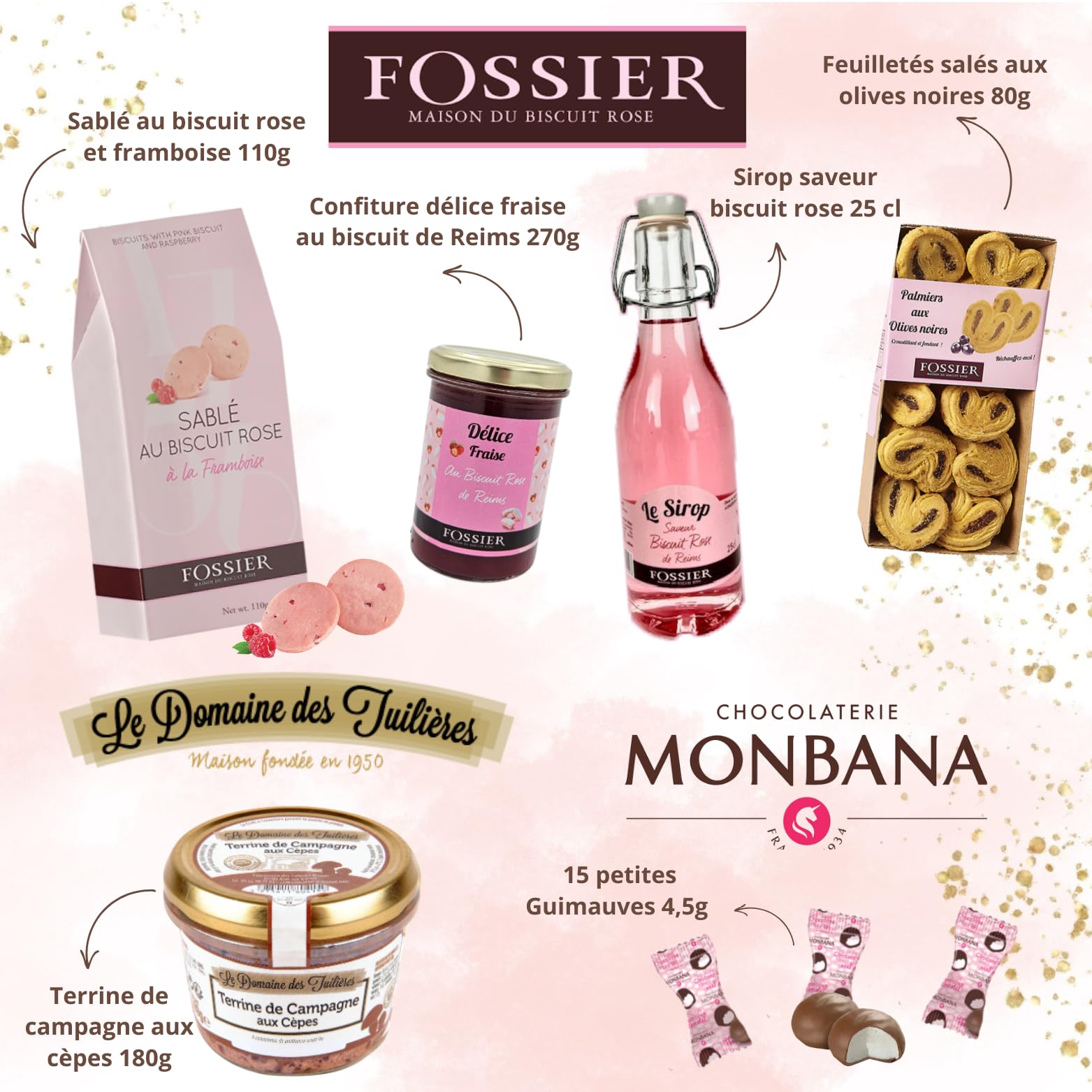 Coffret gourmand FOSSIER et MONBANA - biscuits roses, confiture, guimauves | Coffret FOSSIER et MONBANA - biscuits roses, confiture, sirop, guimauves et terrine - cadeau gourmand à offrir en fête