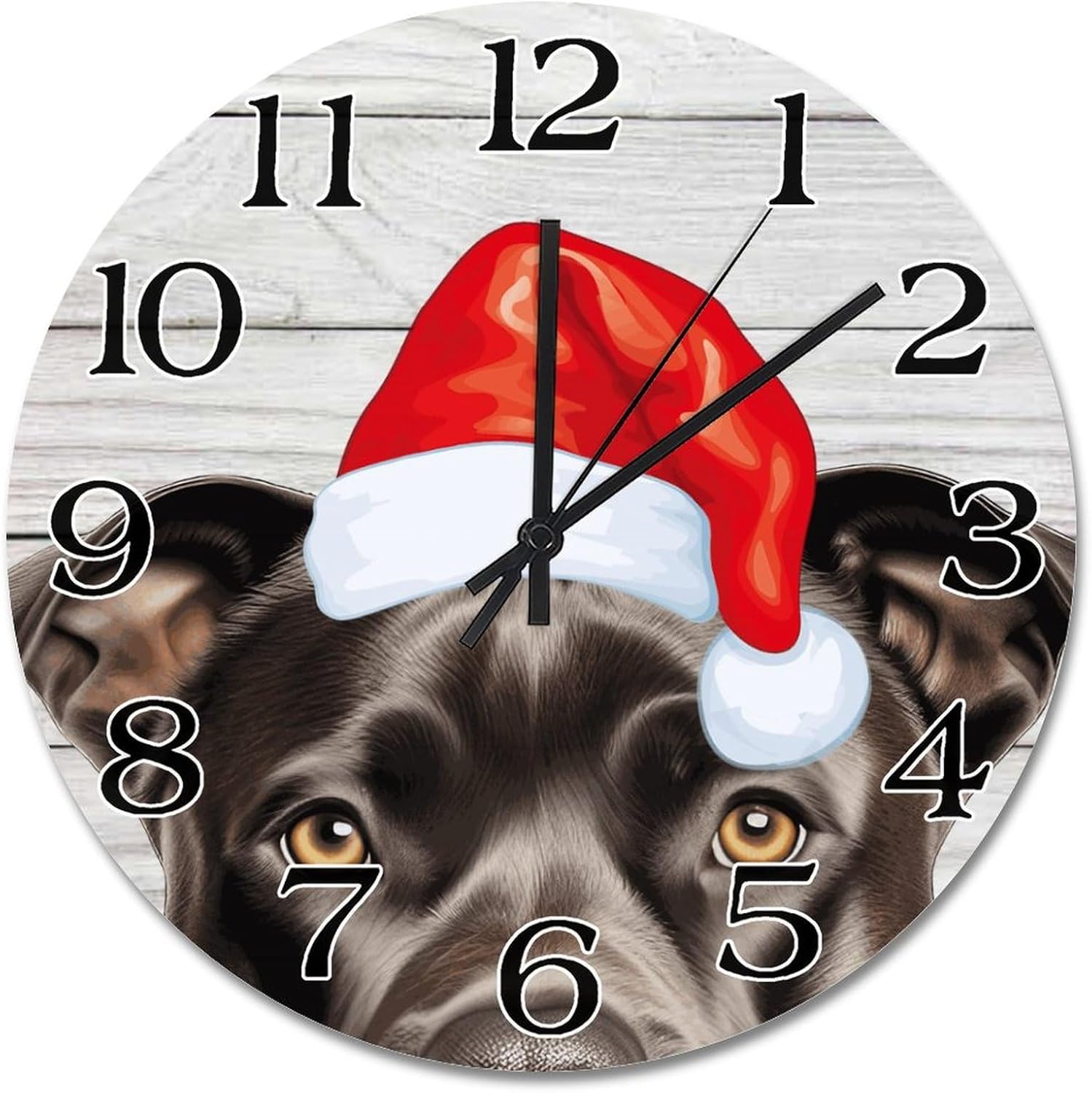 Round Puppy Wooden Clock 15in Christmas Hat Peeking Dog Staffordshire Bull Terrier Silent Non-Ticking Wood Wall Clock for Classroom Nursery Cafe Bar Pub Home Decor