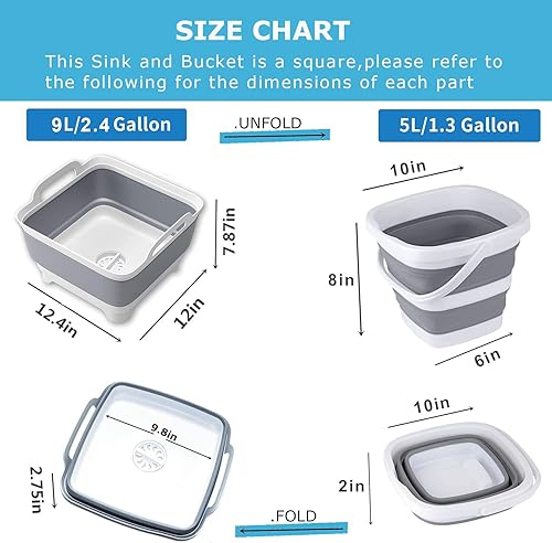 Miniatura 19 de Lavabo plegable de 9 L, tina plegable con tapón de drenaje, lavabo plegable portátil, fregadero de campamento para lavar platos, lavandería y uso