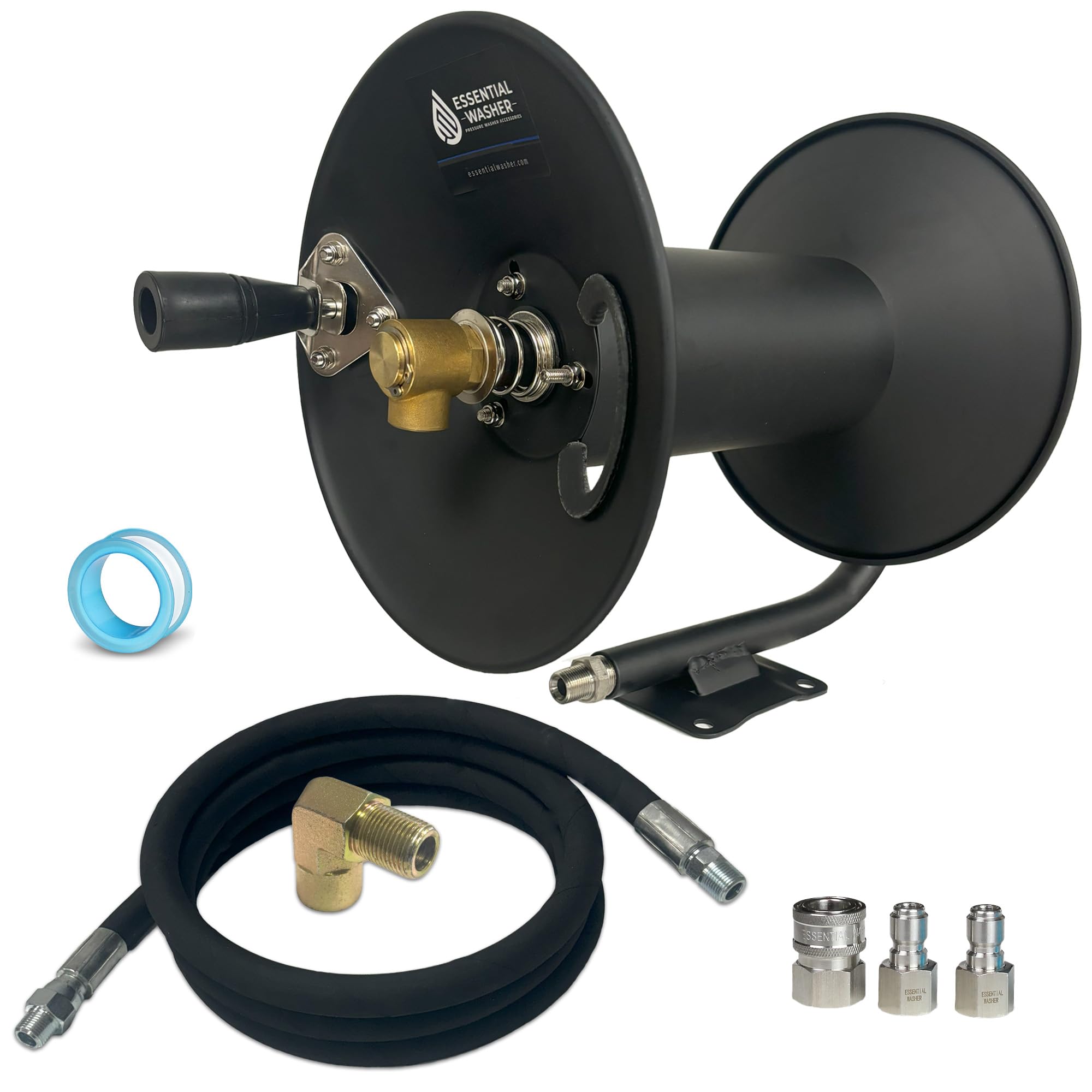 ESSENTIAL WASHER Pressure Washer Hose Reel 100 FT Kit | 4000 PSI Power Washer Hose Reel | Made For 3/8" Hose | 8 FT Whip Line | Comes With Additional Accessories | (Assembly Required)