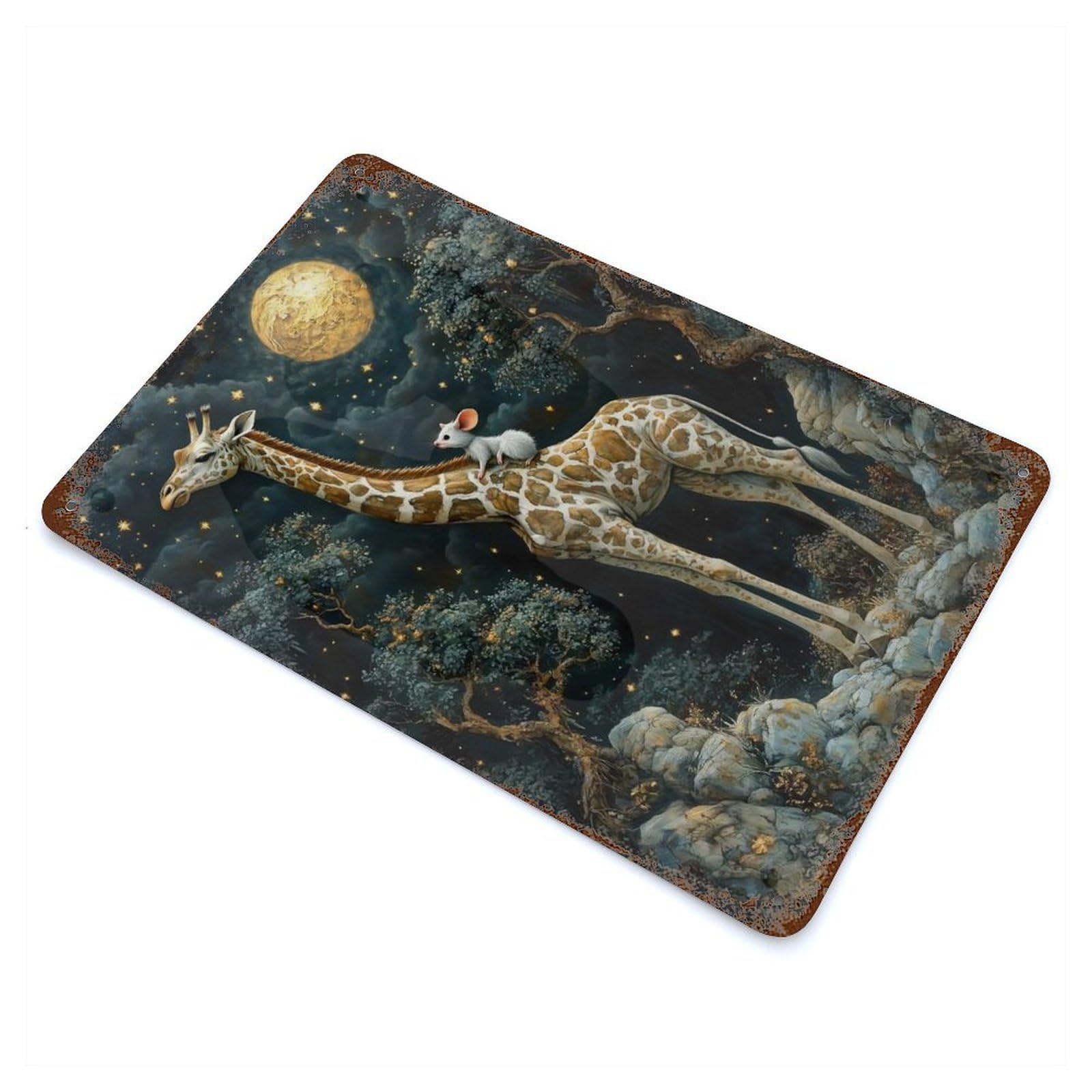 Giraffe And Mouse Under Stars Rusty Metal Tin Sign 11.8"x7.9", for Shed, Workshop And Garage Wall Decor, Novelty Wall Decor