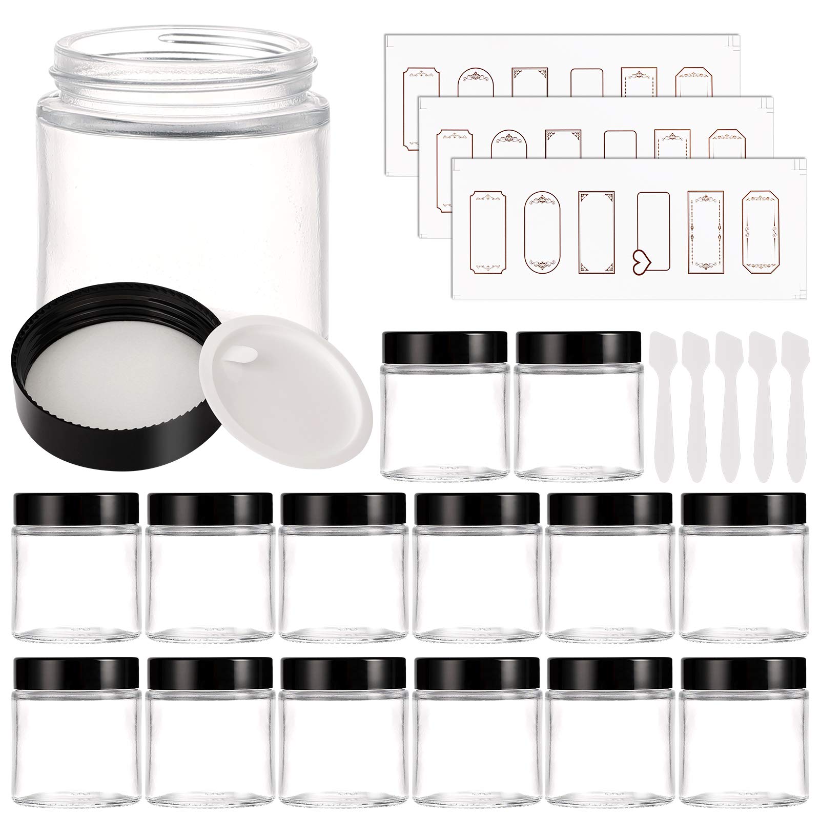 15 Pack 4 oz Clear Glass Jars with Lids, Round Empty Containers for Scrubs, Lotions, Cosmetic, Ointments and Butters, Travel Storage Jar with White Inner Liners £¬Black Lids, lables and Spatulas