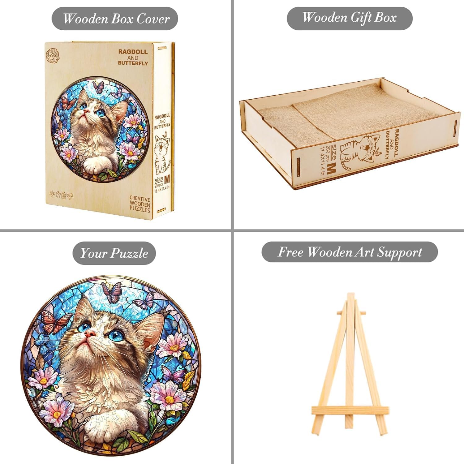 Wooden Puzzles for Adults 200 Pices, Ragdoll Cat 3D Puzzles for Adults, Butterfly Ragdoll Cat Irregular Jigsaw Puzzles, Flat Puzzels with 3D Visual Effect, Finished Puzzle Size is 11.4 x 11.4in