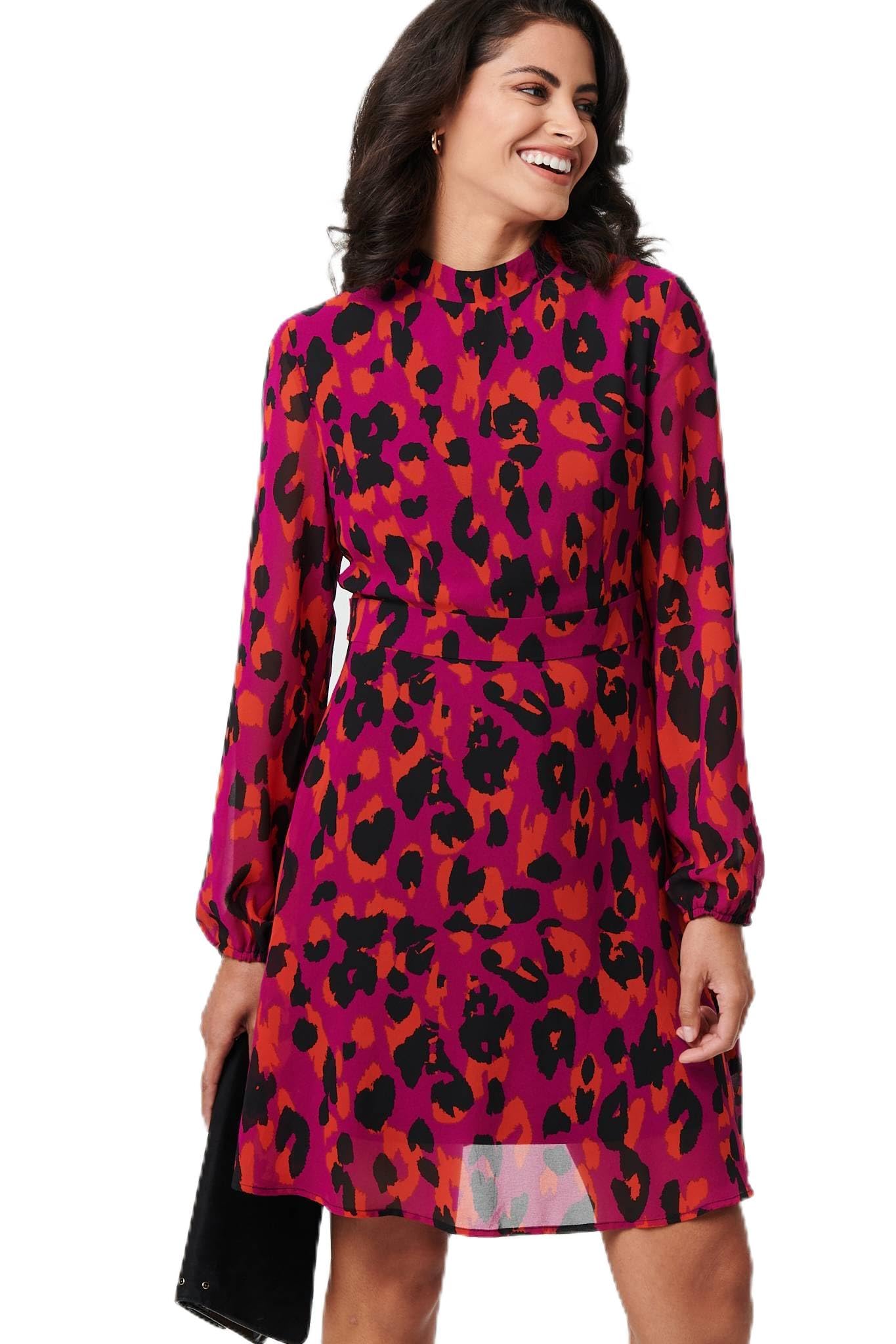 Izabel London Purple Animal Print Tie Waist Mini Skater Dress - 18
