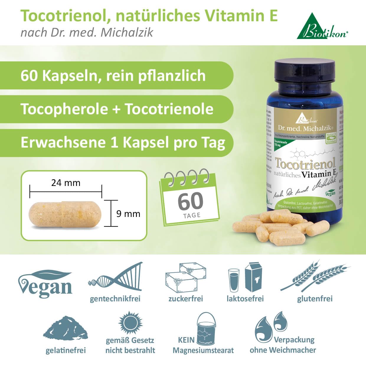 Tocotrienol natürliches Vitamin E Dr. med. Michalzik - Tocotrienol [110 mg] + Gamma-Toc. [52,5 mg] + Delta-Toc. [16 mg] - ohne Zusatzstoffe - von BIOTIKON®