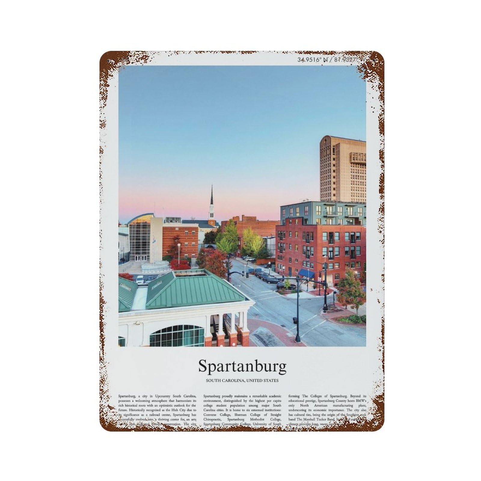 xiaoxiaoshen Spartanburg South Carolina, United States, USA City Scenery Wall Decor Art Metal Tin Poster Modern Home Decor Art Home Bar Shop Decorations Vintage Sign 40x30cm