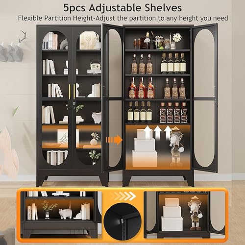 Miniatura 27 de Gabinete de almacenamiento de despensa negro de 61 pulgadas, armario de despensa de cocina con puertas y estantes de vidrio acrílico, con pie de