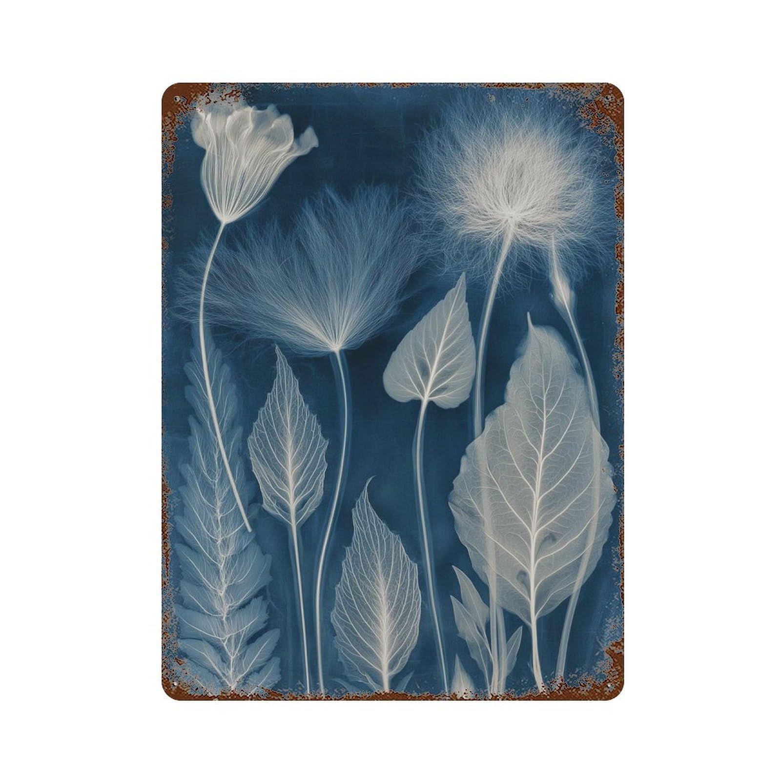 xiaoxiaoshen Botanical Cyanotype Blue And White Nature Plant Minimalist Leaves Flowers Wall Decor Art Metal Tin Poster Modern Home Decor Art Home Bar Shop Decorations Vintage Sign 40x30cm