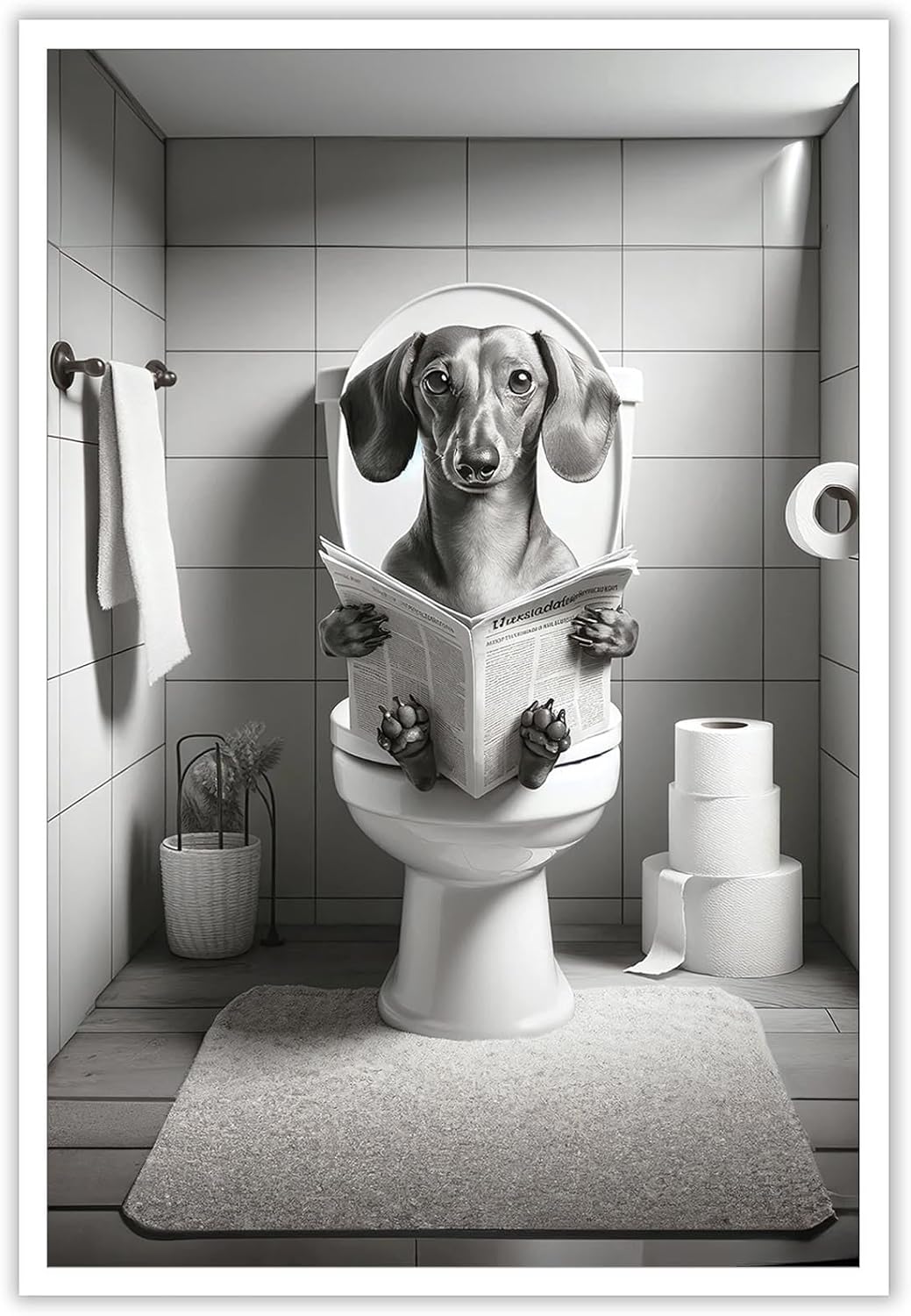 ADRHGCY Funny Greyhound Posters Petshop Wall Art Animal In Toilet Dog Sitting On Toilet And Reading Newspaper Prints Painting For Bathroom Home Bedroom Dorm Wall Decor 12x16in Framed