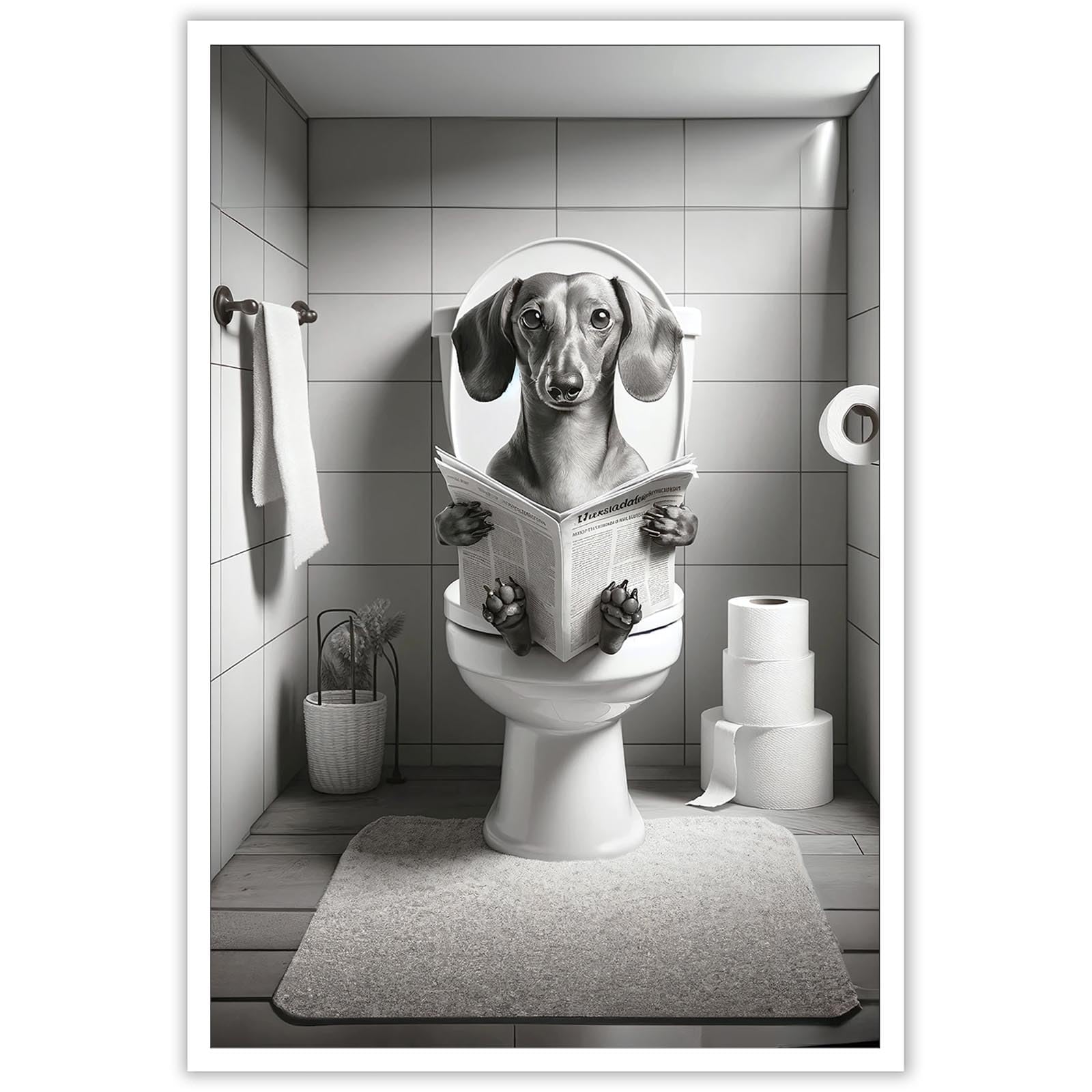 ADRHGCY Funny Dachshund Posters Petshop Wall Art Animal In Toilet Sitting On Toilet And Reading Newspaper Prints Painting For Bathroom Home Bedroom Dorm Wall Decor 16x24in Unframed