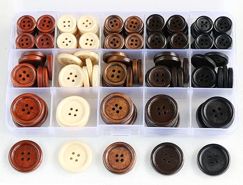 170pcs 5 Colors Assorted Wooden Buttons 0.6 0.8 1 Inch