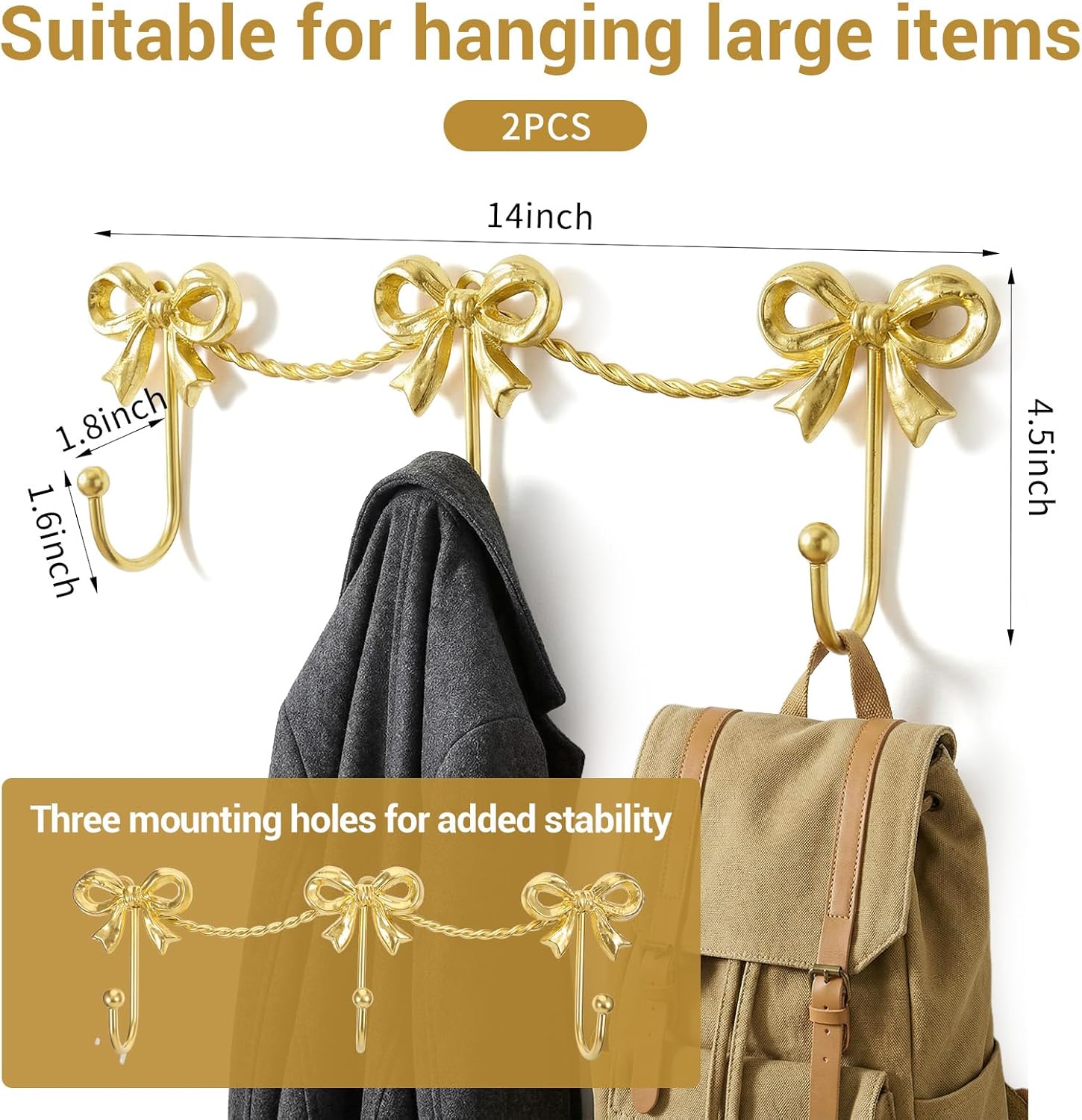 2 Pack Gold Triple Bow Hooks, Metal Cute Wall Mount Coat and Towel Hooks Door Hanger Holder for Bathroom, Bedroom, Nursery, Kitchen Decor, 14 x 4.5 Inch