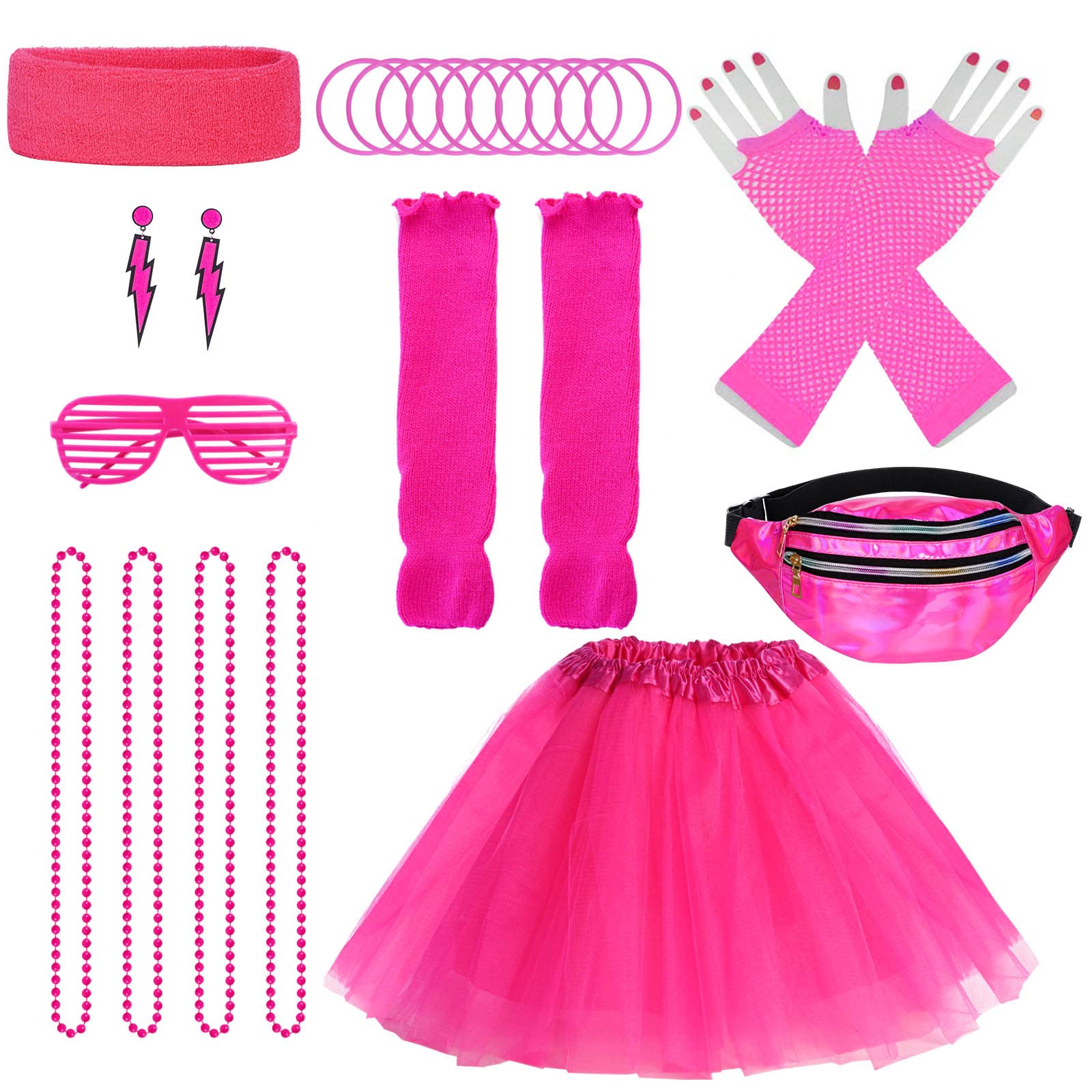 Miayon 80s Costume Accessories 90s Outfits Neon Tutu Skirt Fanny Pack Headband Earring Set for 80s 90s Theme Cosplay Party Neon Glow Party Outfit (