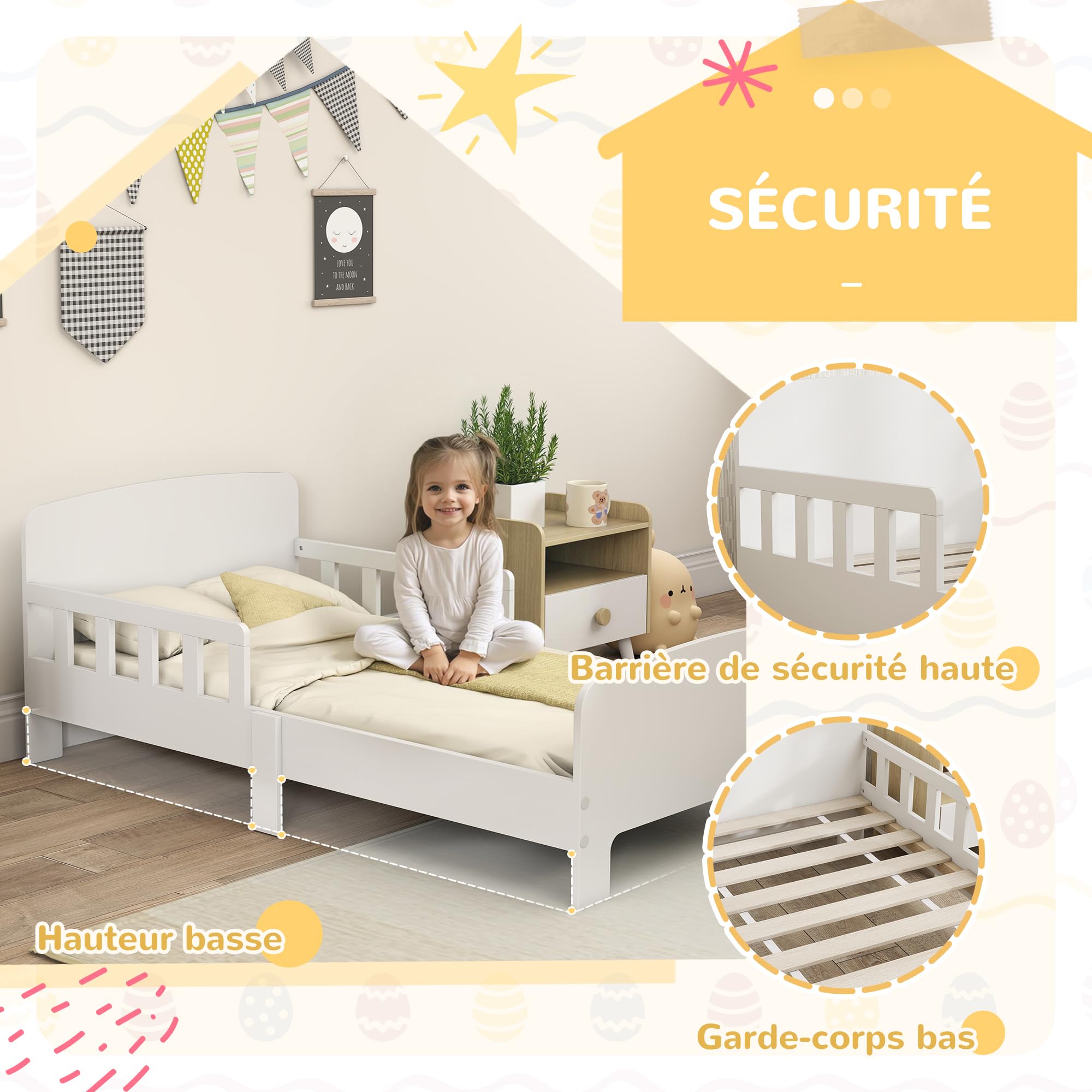 AIYAPLAY Lit Enfant, Lit au Sol Enfant, pour Matelas 140 x 70 cm, Blanc | Barrières de Sécurité Haute, Sommier à Lattes, Cadre Robuste, pour Fille et Garçon de 3 à 8 Ans