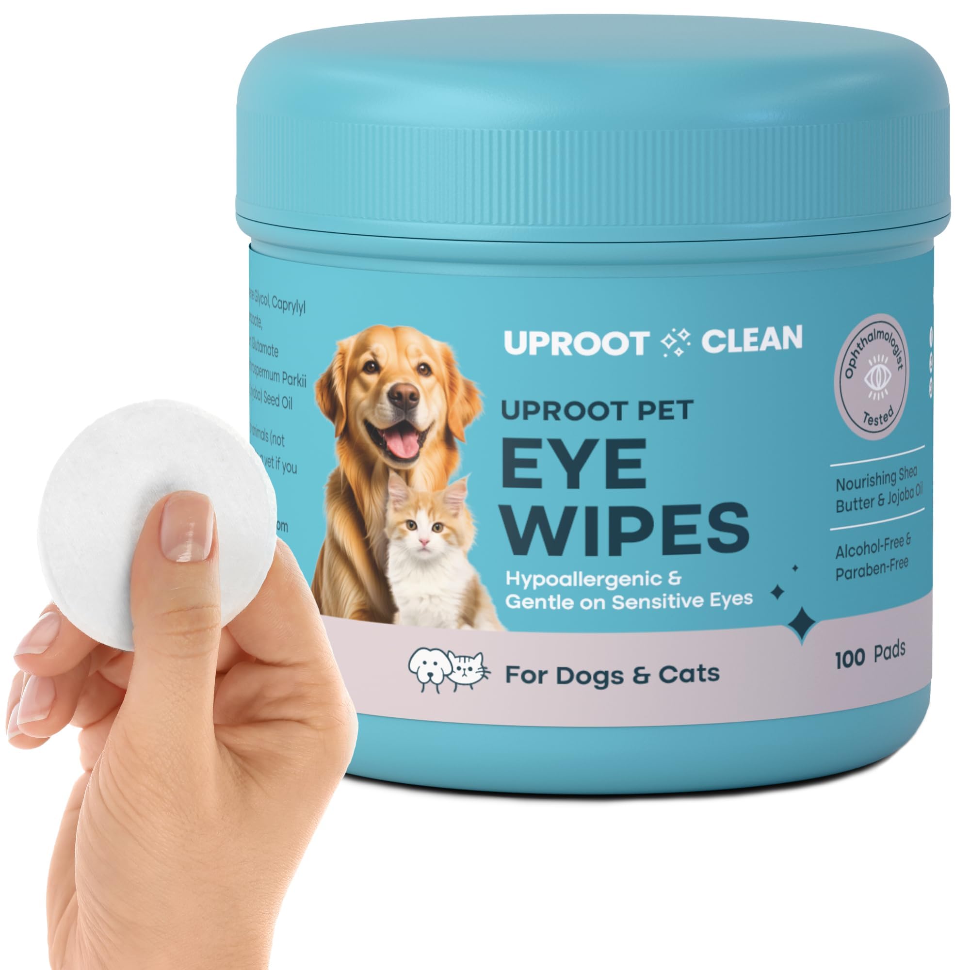 Uproot Clean Cat & Dog Eye Wipes: Hypoallergenic Eye Wipes for Dogs (100ct.) - Gentle & Cleansing Tear Stain Remover for Dogs - Reduce Discharge, Tear