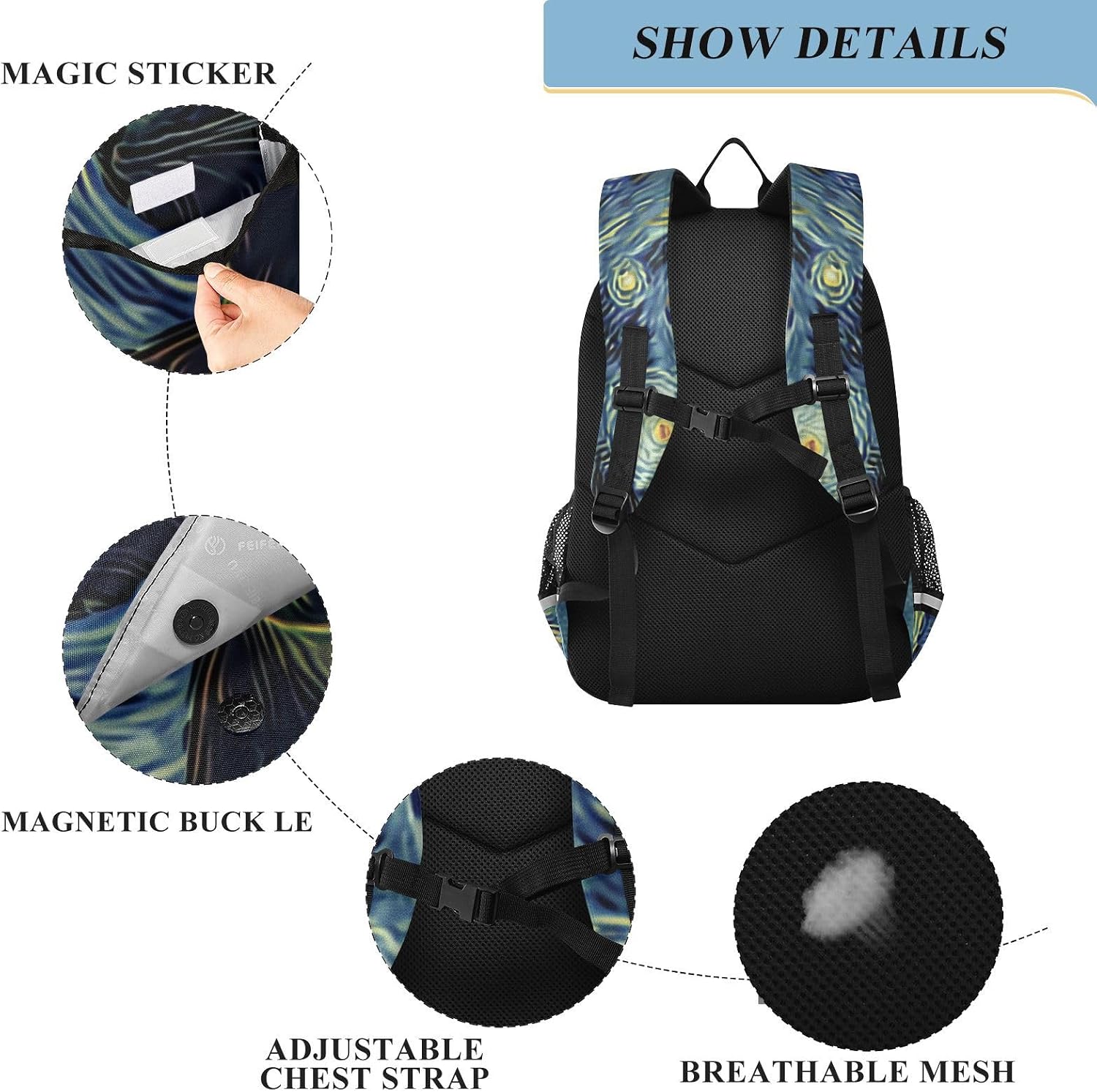 senya Van Gogh Starry Sky Black Cat Backpack Water-Resistant Bag Lightweight Bookbags with Reflective Strip