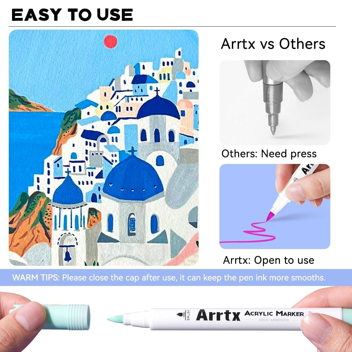 Arrtx 60 Colors Acrylic Paint Pens, Markers Paint Pens, Brush Tip for Rock Painting, Wood, Canvas, Stone, Ceramic, DIY Crafts Making Art Supplies-with Neon & Metallic & Regular Color-60A image 4