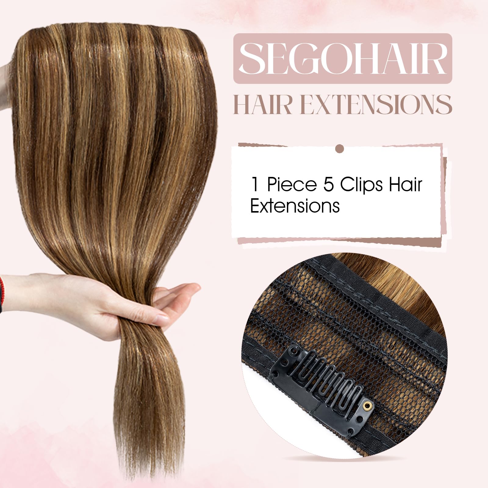 SEGOHAIR Clip-in Hair Extensions, Real Human Remy Hair, 14" Seamless Clip-ins (40g) - Chocolate Brown Mix Strawberry Honey Blonde - Image 2