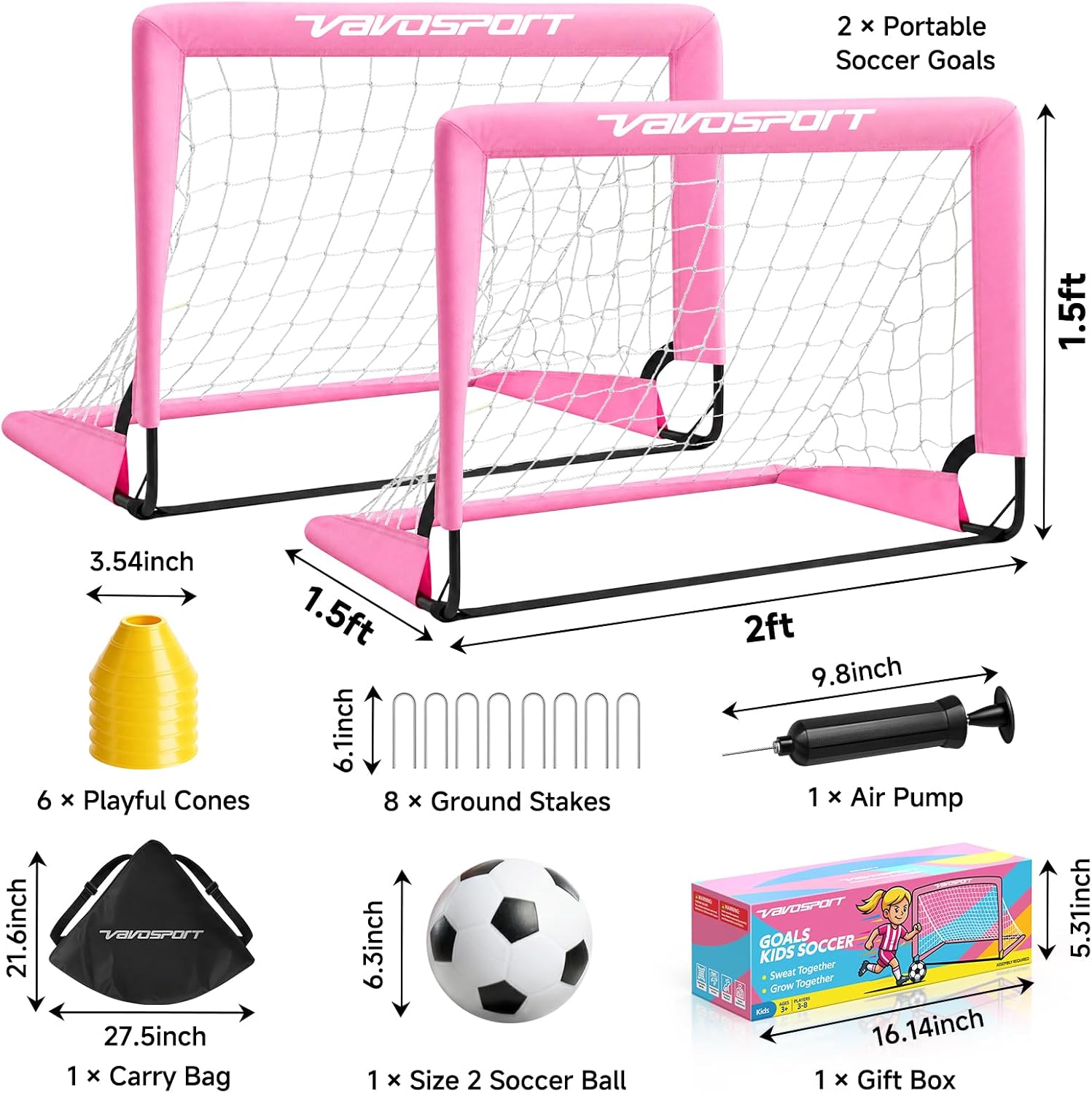 Mini Toddler Soccer Goal Set, 2 Pack 2x1.5 ft Pop Up Soccer Goals for Backyard, Portable Kids Soccer Net with Ball and Cones, Indoor Outdoor Sports Games, for Boys and Girls Ages 2-5